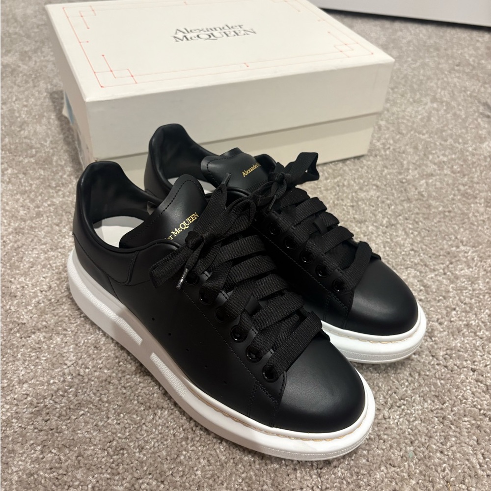 Alexander McQueen Black Leather Oversized Sneakers with White Sole